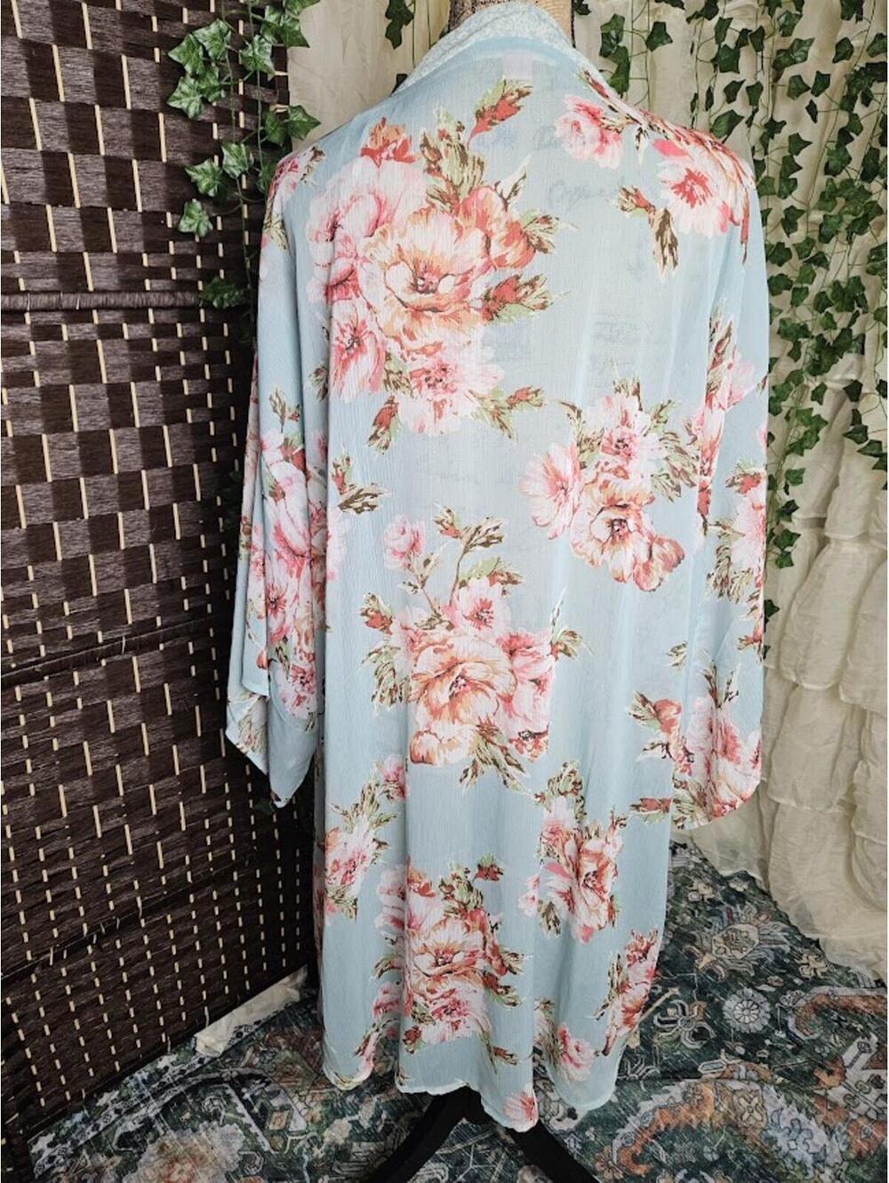 Band of Gypsies Blue Floral Kimono Boho Cottagecore Fairycore Sheer Cardigan - Picture 3 of 4